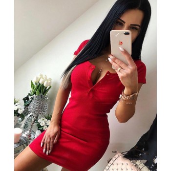  Casual Knit Sheath Mini Dresses Ladies Solid V Neck Chest Button Short Sleeve Bodycon Dress